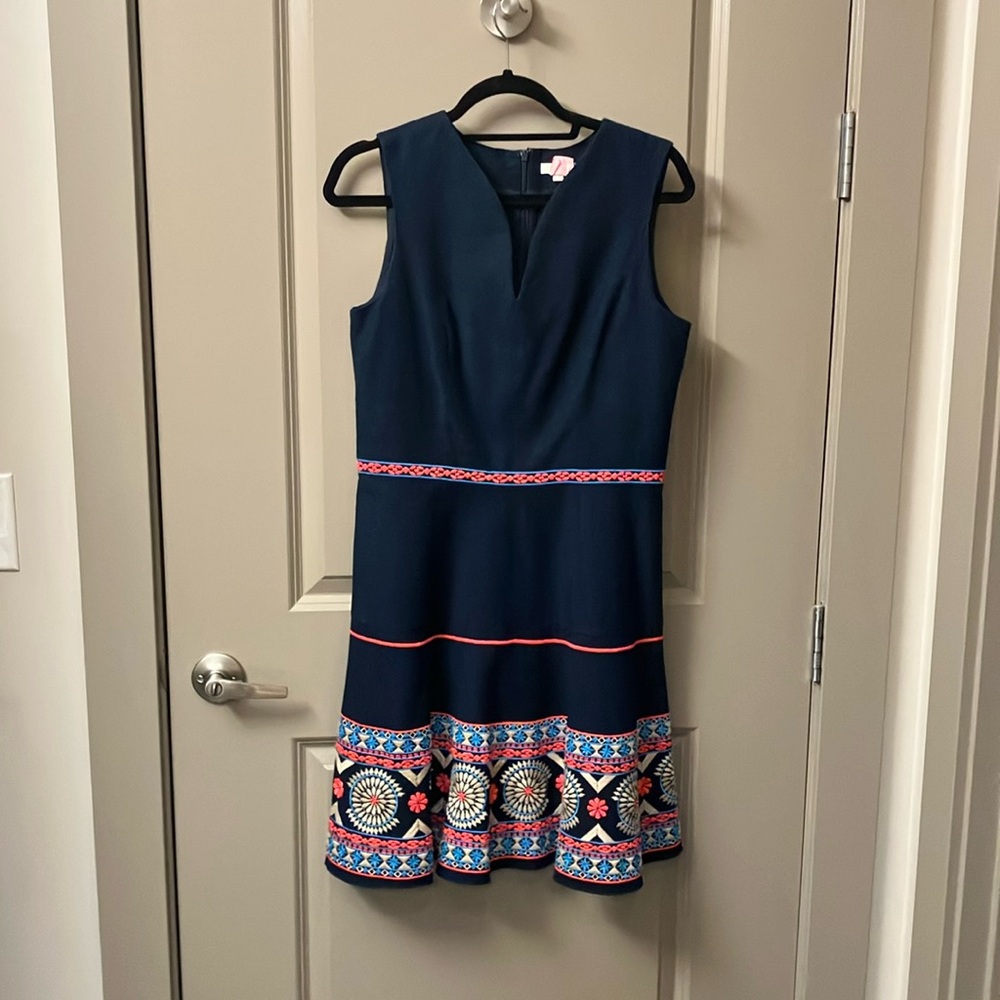 Shoshanna Black Fit-and-Flare Mini Dress with Pink and Blue Embroidery